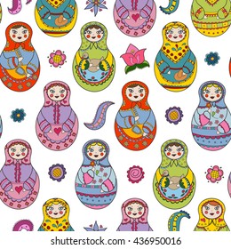 Vector seamless pattern with russian Matryoshka dolls and floral elements