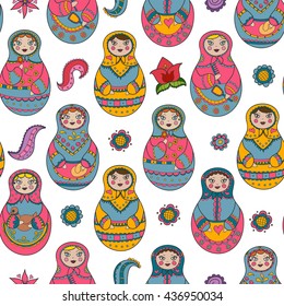 Vector seamless pattern with russian Matryoshka dolls and floral elements