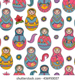 Vector seamless pattern with russian Matryoshka dolls and floral elements