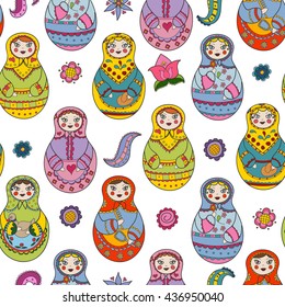 Vector seamless pattern with russian Matryoshka dolls and floral elements