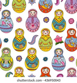 Vector seamless pattern with russian Matryoshka dolls and floral elements