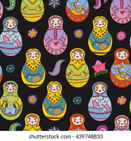 Vector seamless pattern with russian Matryoshka dolls and floral elements