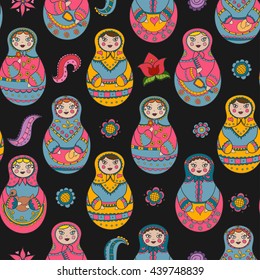 Vector seamless pattern with russian Matryoshka dolls and floral elements