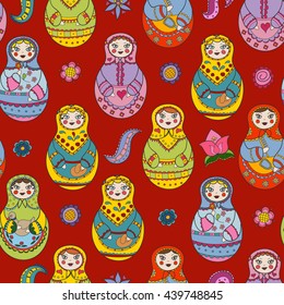 Vector seamless pattern with russian Matryoshka dolls and floral elements