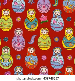 Vector seamless pattern with russian Matryoshka dolls and floral elements