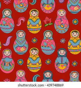 Vector seamless pattern with russian Matryoshka dolls and floral elements