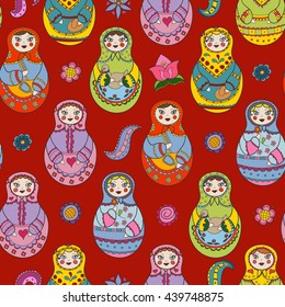 Vector seamless pattern with russian Matryoshka dolls and floral elements