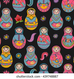 Vector seamless pattern with russian Matryoshka dolls and floral elements