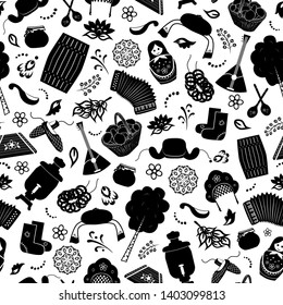 Vector seamless pattern. Russian traditional national elements. Repeating background on the theme of Russia. National symbols. Background with russian elements
