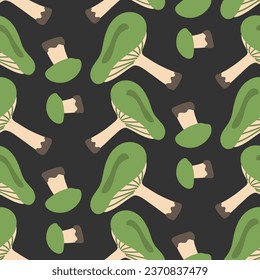 Vector seamless pattern with russula green on a gray background. Seamless texture, hand-drawn cartoon group of small and large mushrooms. Design template for textiles, wallpaper, print. russula green