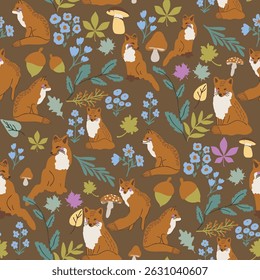 Vector Seamless Pattern Rust Foxes in Autumn Woodland Whimsical Neutral Forest Pattern