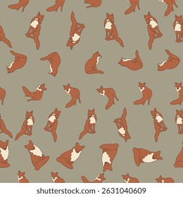 Vector Seamless Pattern Rust Foxes in Autumn Woodland Whimsical Neutral Forest Pattern