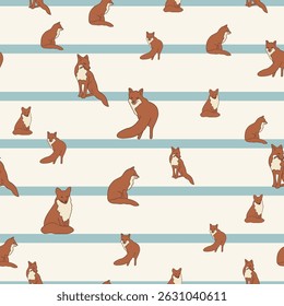 Vector Seamless Pattern Rust Foxes in Autumn Woodland Whimsical Neutral Forest Pattern