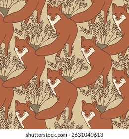 Vector Seamless Pattern Rust Foxes in Autumn Woodland Whimsical Neutral Forest Pattern