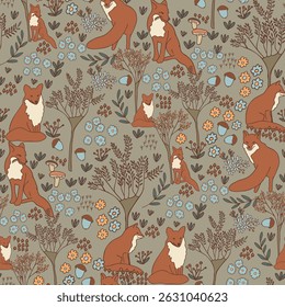 Vector Seamless Pattern Rust Foxes in Autumn Woodland Whimsical Neutral Forest Pattern