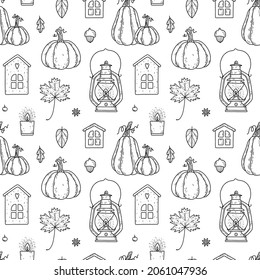 Vector seamless pattern with rustic elements - kerosene lamp, small wood house, pumpkin, candle, maple leaf. Autumn pattern.