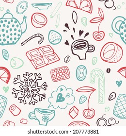 Vector seamless pattern with s sweets, food, tea and coffe