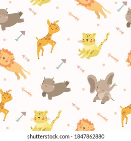 vector seamless pattern with safari animals. lion and tiger, giraffe and hippo. cute doodles, arrows