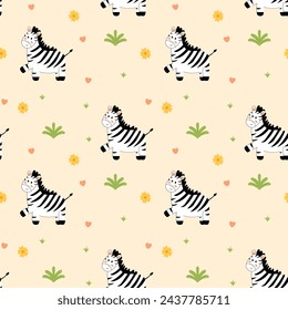 Vector seamless pattern with safari animals. Cute african zebras.  Cartoon Animals and plants, flat style.