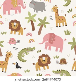 Patrón de Vector sin fisuras con animales de safari y arco iris para las niñas. Ideal para Fondo de pantalla, textiles, papel de embalaje, tarjetas de felicitación y otros