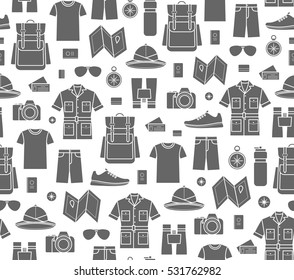 Vector seamless pattern of safari, planning a summer vacation, tourism and journey objects and passenger luggage. For website construction, mobile applications, banners, corporate brochures, layouts