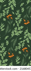 Vector seamless pattern with sagebrush and calendula flowers on stems with foliage on a green background. Botanical floral texture. Fabric swatch with wormwood and small orange flowers and leaves