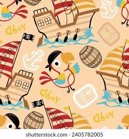 Vector seamless pattern of sailboat with cute parrot