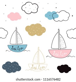 Vector seamless pattern with sailboat. Scandinavian motives. Children's print