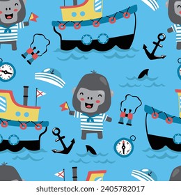 Vector seamless pattern of sailing equipment with funny gorilla in sailor costume