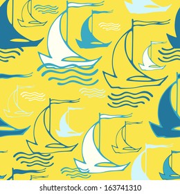 Vector seamless pattern with sailing ships on waves in vintage colors. Can be used for textile, spring summer fashion fabric, website background, book cover, packaging, greeting cards 