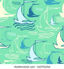 Vector seamless pattern with sailing ships on waves in vintage colors. Can be used for textile, spring summer fashion fabric, website background, book cover, packaging, greeting cards 