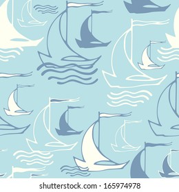 Vector seamless pattern with sailing ships on waves. Vintage background