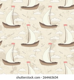 vector seamless pattern with sailing ships, gulls and clouds on grunge stain background