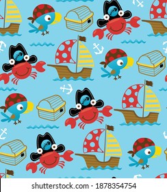 Vector seamless pattern of sailing theme cartoon with funny pirates, bird and crab.