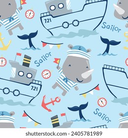 Vector seamless pattern of sailing theme with cute rhino in sailor costume
