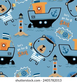 Vector seamless pattern of sailing theme with teddy bear in sailor costume