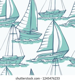 Vector seamless pattern sailing yachts on sea waves. Water transport for travel, recreation and sports monochrome turquoise of line sketch illustrations isolated on white background