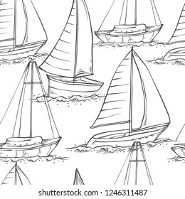 Vector seamless pattern sailing yachts on sea waves. Water transport for travel, recreation and sports monochrome black white of line sketch illustrations isolated on white background