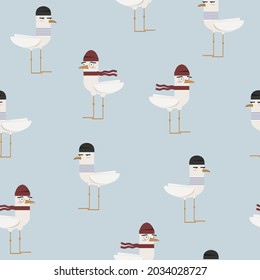 Vector seamless pattern with sailor seagulls in light blue background for wallpaper, textile, fabric, kids book and room decoration, scrapbooking.