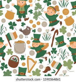 Vector seamless pattern with Saint Patrick’s Day symbols. National Irish holiday repeating background. Cute funny flat leprechaun texture