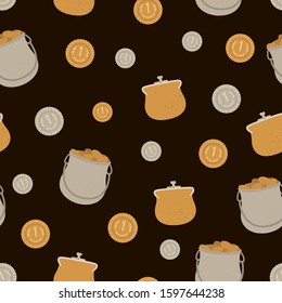 Vector seamless pattern with Saint Patrick’s Day symbols. National Irish holiday repeating background. Cute funny flat texture with coins, pot with gold, purse