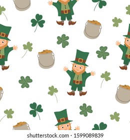 Vector seamless pattern with Saint Patrick’s Day symbols. National Irish holiday repeating background. Cute funny flat leprechaun texture