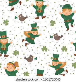 Vector seamless pattern with Saint Patrick’s Day symbols. National Irish holiday repeating background. Cute funny flat texture with leprechaun and fairy