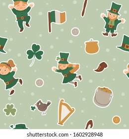 Vector seamless pattern with Saint Patrick’s Day stickers. National Irish repeating background. Cute funny flat texture with holiday symbols
