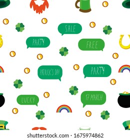 Vector seamless pattern. Saint Patrick`s Day symbols (horseshoe, clover, green hat, gold, rainbow, beer), phrases (lucky, 17 march, sale, free, party). Design for wrapping paper, wallpaper, background