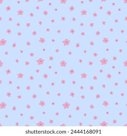 Vector seamless pattern. Sakura blossom. Floral abstract ornament. Hand drawn simple style.  Spring summer collection for textile, apparel, wrapping, wallpaper. Blue background.