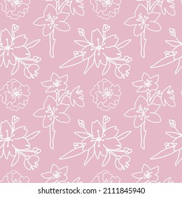 Vector seamless pattern with sakura on pink background. Spring, botanical, floral, festive hand painted print.Design for wrapping paper, textiles, fabric, wallpaper, packaging.