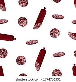 vector seamless pattern with salami sausages isolated on white, background for any design