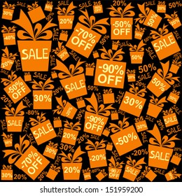 Vector seamless pattern. Sale background with percent discount and gift boxes. 