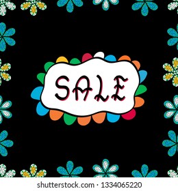 Vector. Seamless pattern. Sale banner template with cute elements, colorful background. Summer background. Promotion offer with nice elements decoration in black, white, blue colors. Card for shoping.